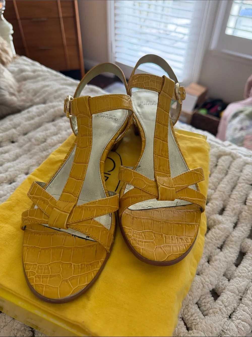 Joan & David Mustard Croc-Embossed Strappy Low Heel Sandals